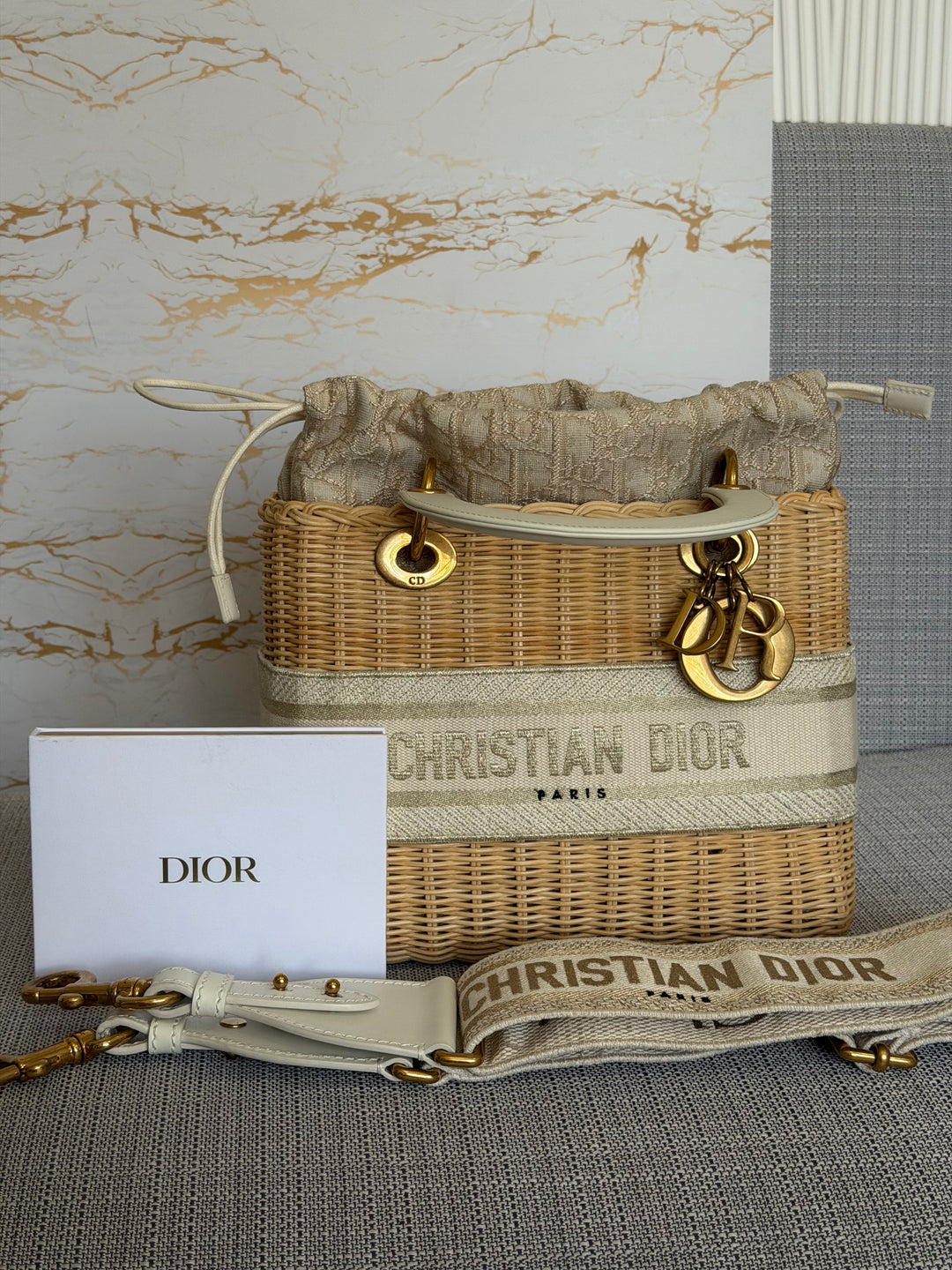DIOR Lady Dior White/Gold Wicker Bag size SMALL with Guitar Strap