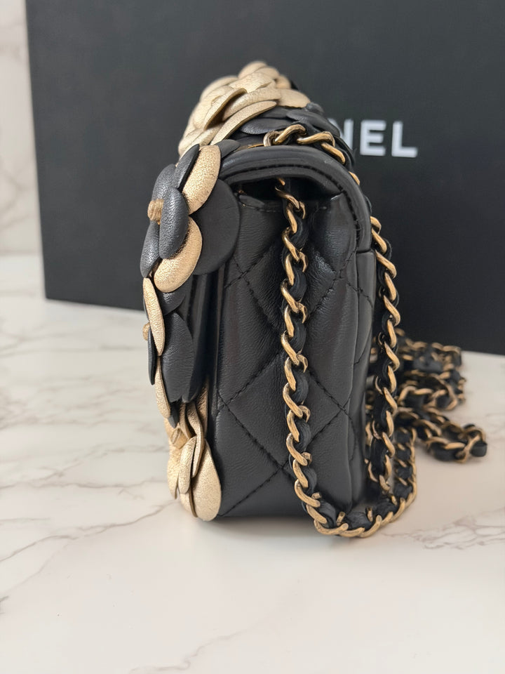 CHANEL series 21 Black Metallic Gold Camellia Flower Lambskin Mini Rectangular Flap Bag with Vintage GHW