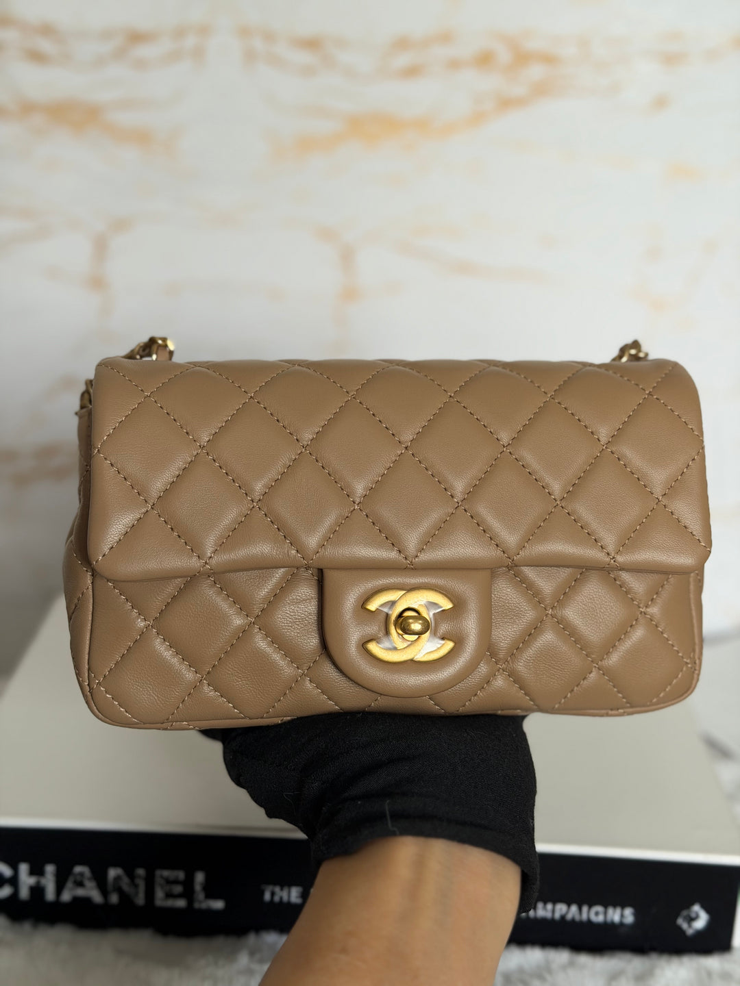 CHANEL 22B Taupe Dark Beige Lambskin Aged GHW Pearl Crush Adjustable Chain Mini Rectangular Flap Bag 2022