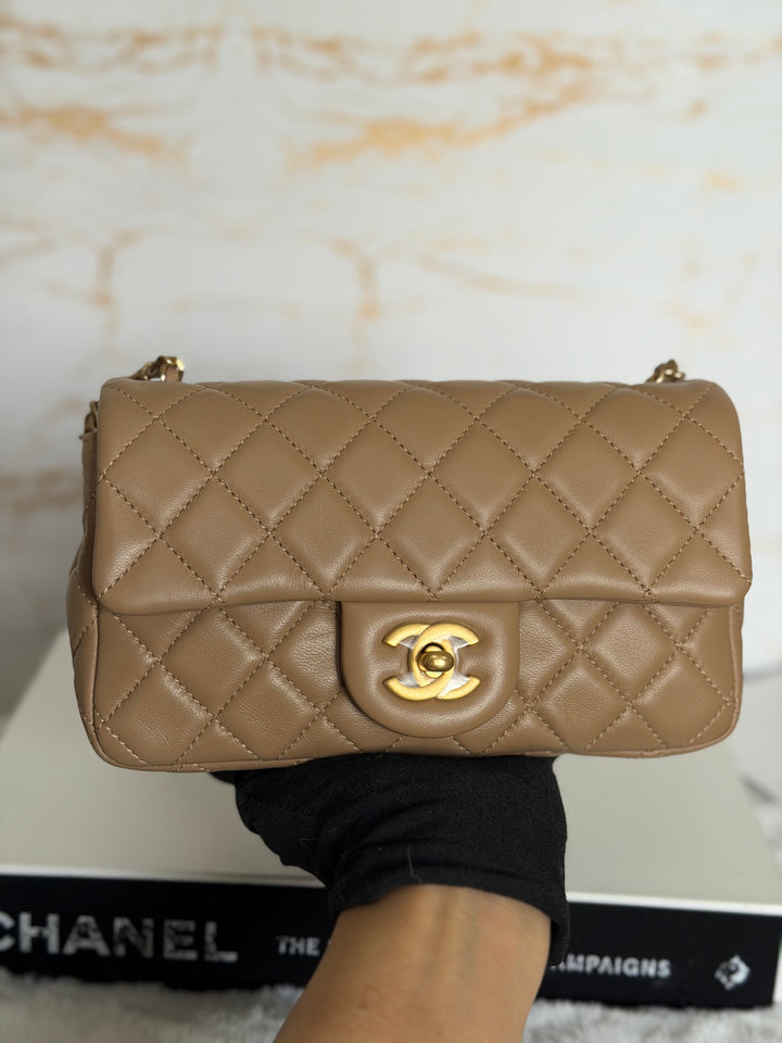 CHANEL 22B Taupe Dark Beige Lambskin Aged GHW Pearl Crush Adjustable Chain Mini Rectangular Flap Bag 2022