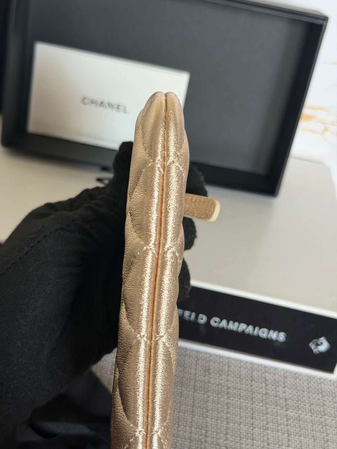 CHANEL 21P Metallic Gold Lambskin LGHW Mini O Case Pouch 15 cms