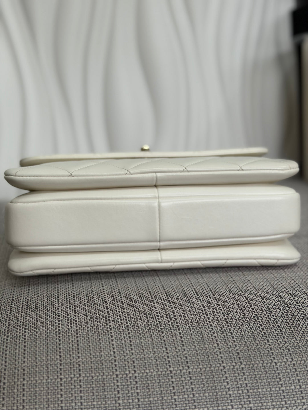 CHANEL 23S collection 2023 White Lambskin LGHW Trendy CC Flap Bag size Small with raised CHANEL Engraved Plate Top Handle
