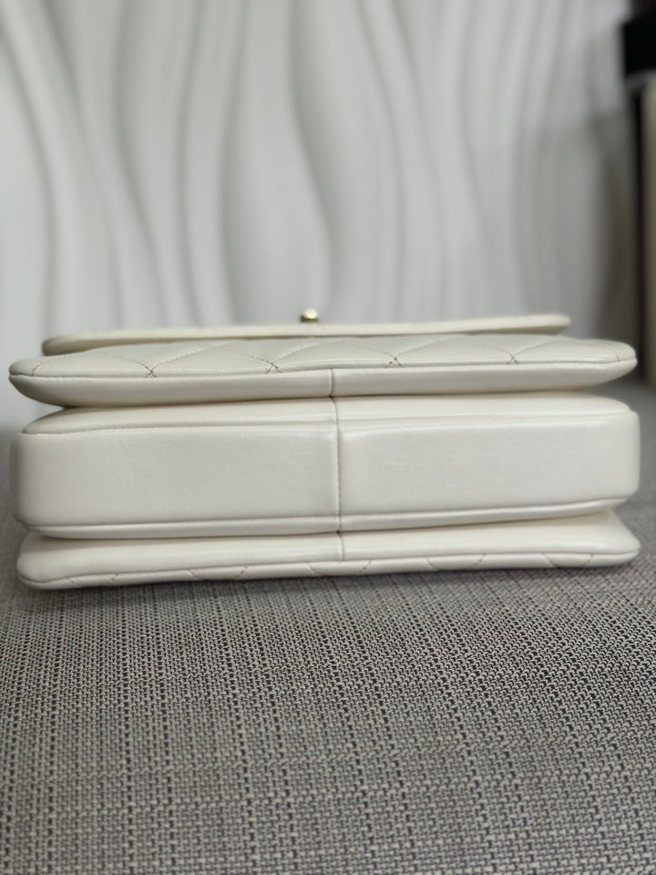CHANEL 23S collection 2023 White Lambskin LGHW Trendy CC Flap Bag size Small with raised CHANEL Engraved Plate Top Handle
