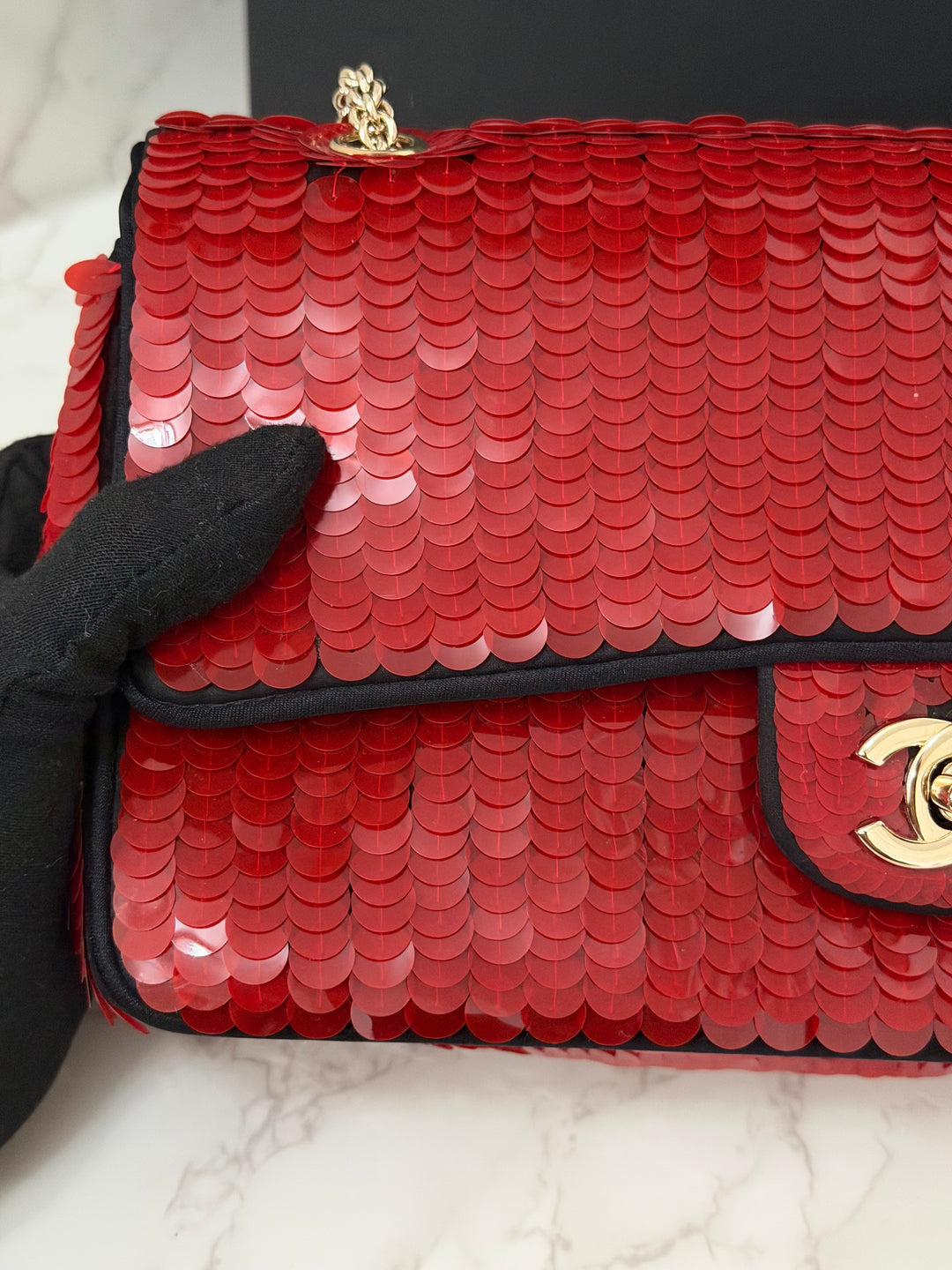 CHANEL series 13 2010 Red Sequin and Black Satin Paris-Shanghai Medium Flap Bag Gold Hardware