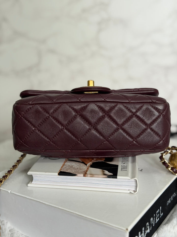 CHANEL 21B Burgundy Lambskin Aged GHW Pearl Crush Adjustable Chain Mini rectangular flap Bag 2021