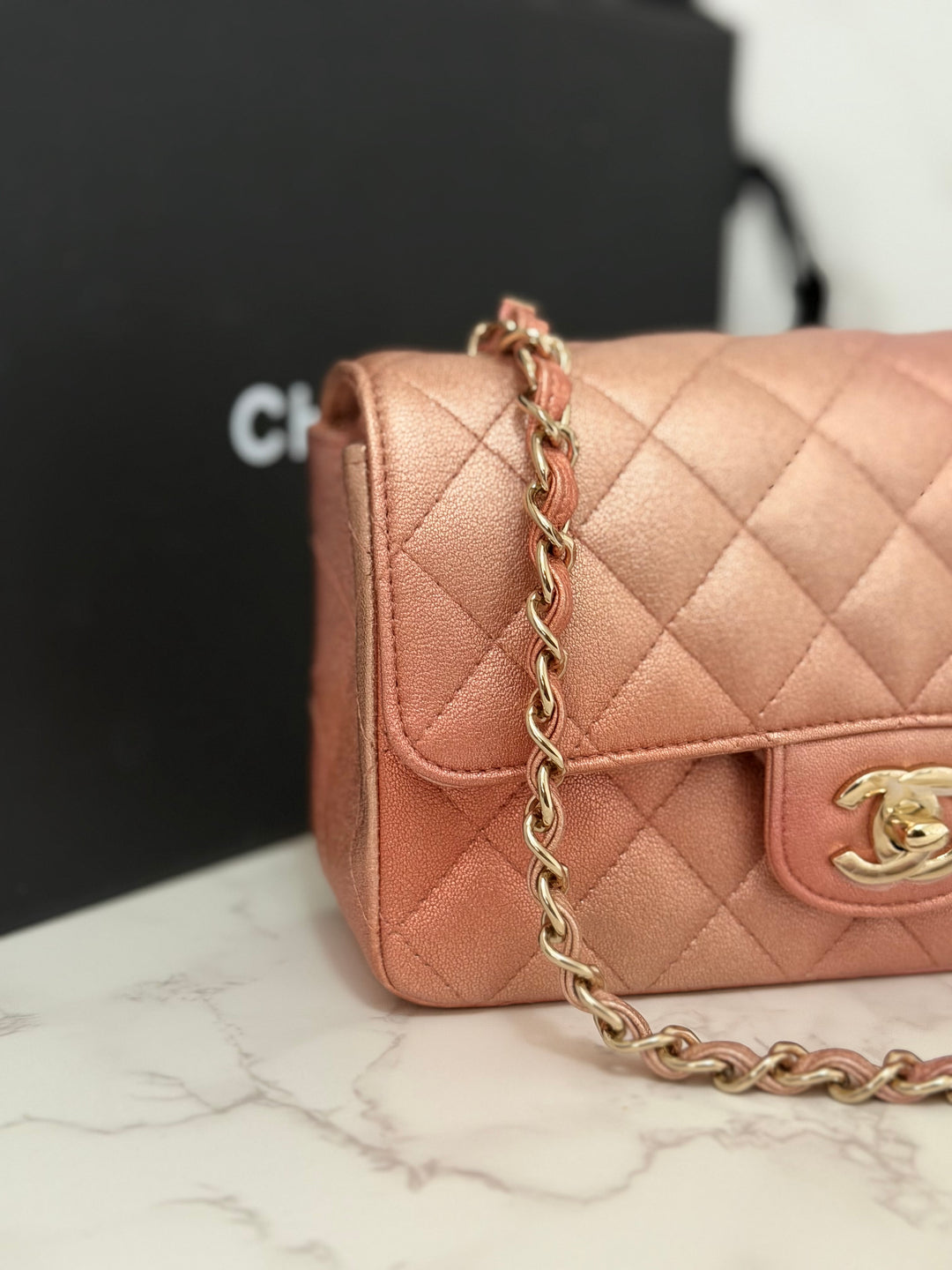 CHANEL 21S Ombré Rose Gold Metallic Copper Lambskin LGHW Mini Rectangular Flap Bag 2021