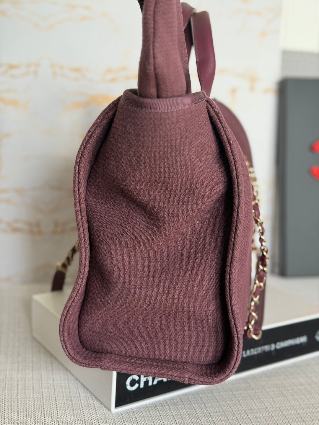 Chanel Burgundy Tweed Deauville Tote with Leather top handle size SMALL 13 inches 2024