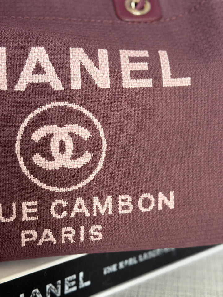 Chanel Burgundy Tweed Deauville Tote with Leather top handle size SMALL 13 inches 2024