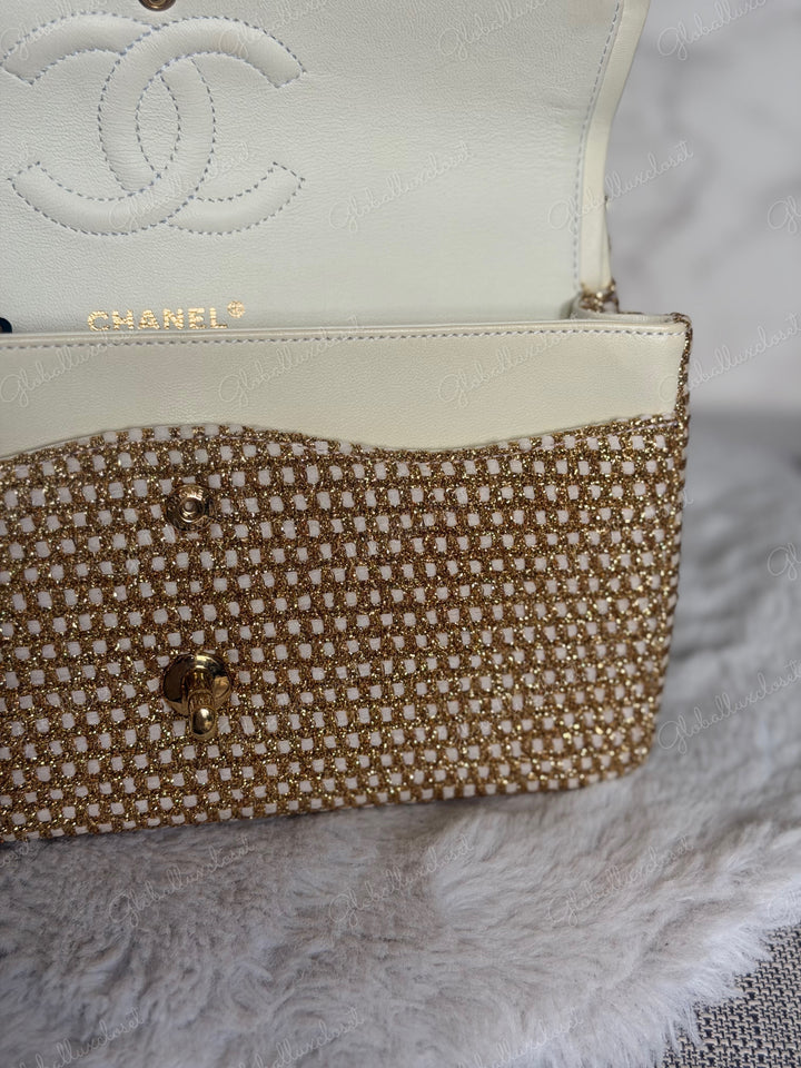 CHANEL series 17 Beige/Ivory Gold Tweed Medium ML Timeless Classic Double Flap Bag 2012 with LGHW