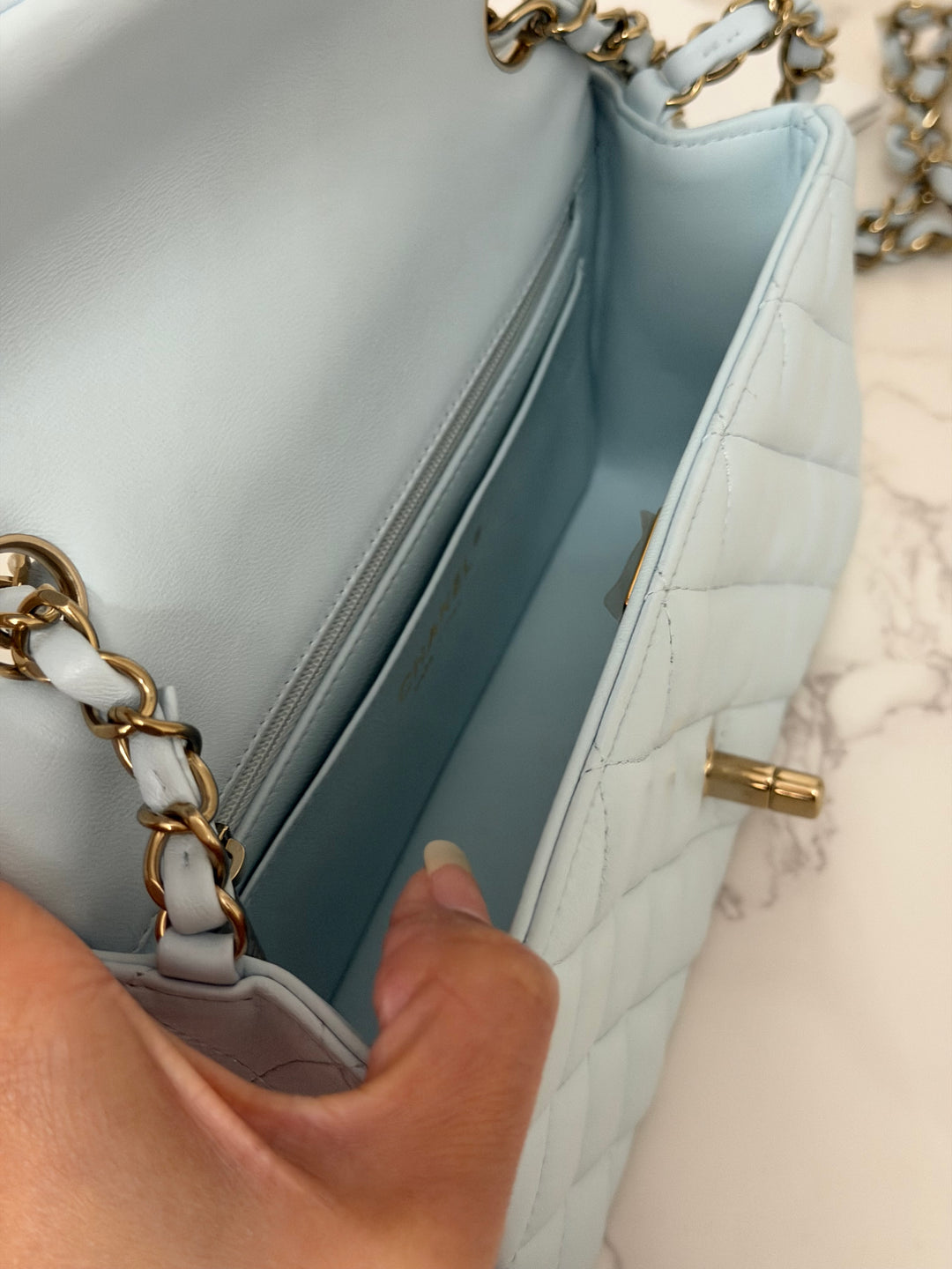 CHANEL 25S collection 2025 Light Baby Blue Lambskin LGHW Mini Rectangular Flap Bag