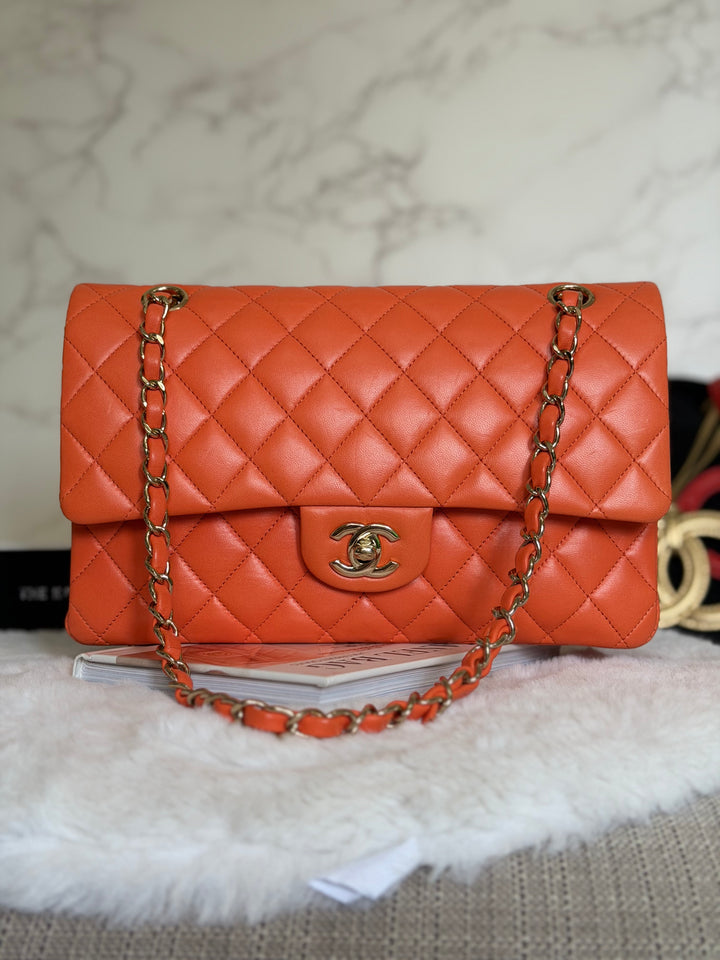 CHANEL 20S Orange Lambskin LGHW Medium ML Timeless Classic Double Flap Bag