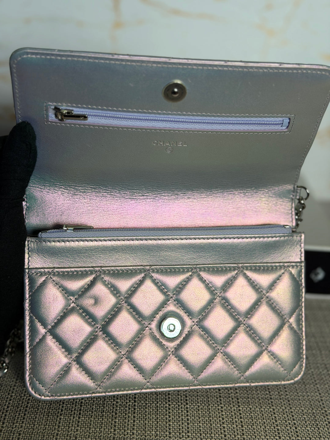 CHANEL Silver Lambskin SHW Classic Wallet on Chain (WOC) 2022