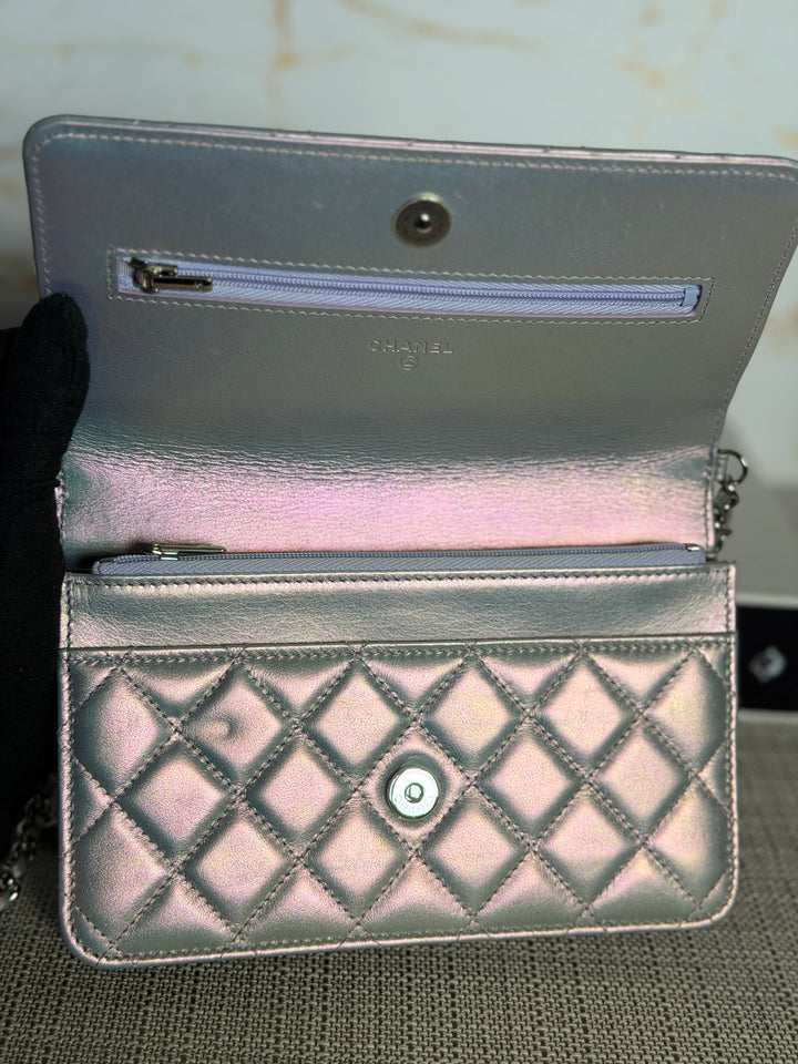 CHANEL Silver Lambskin SHW Classic Wallet on Chain (WOC) 2022