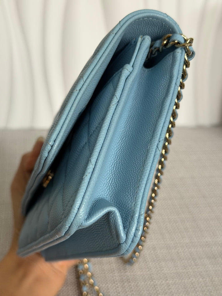 CHANEL 22S Collection 2022 Baby Blue/ Light Blue Caviar LGHW Classic Wallet on chain (WOC)