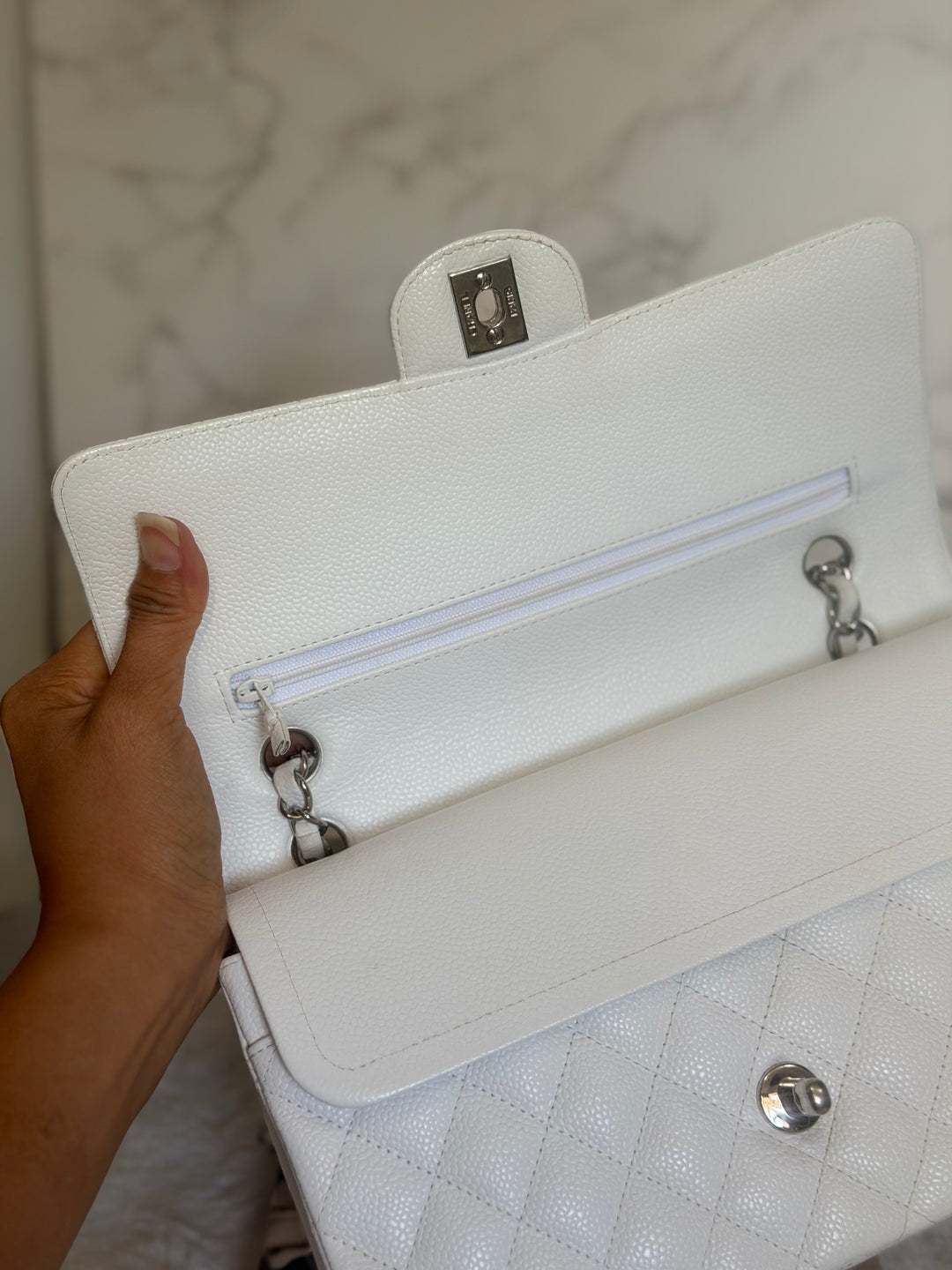 CHANEL series 12 Vintage White Caviar SHW Medium ML Timeless Classic Double Flap Bag 2009