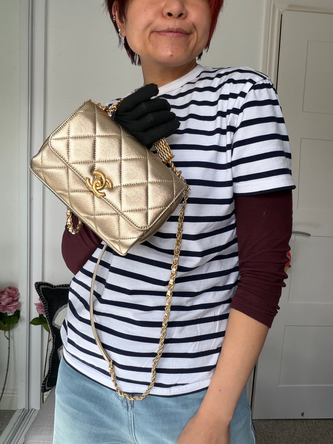 CHANEL Gold Metallic Lambskin CC Crystal Logo Chain Flap Bag 2022