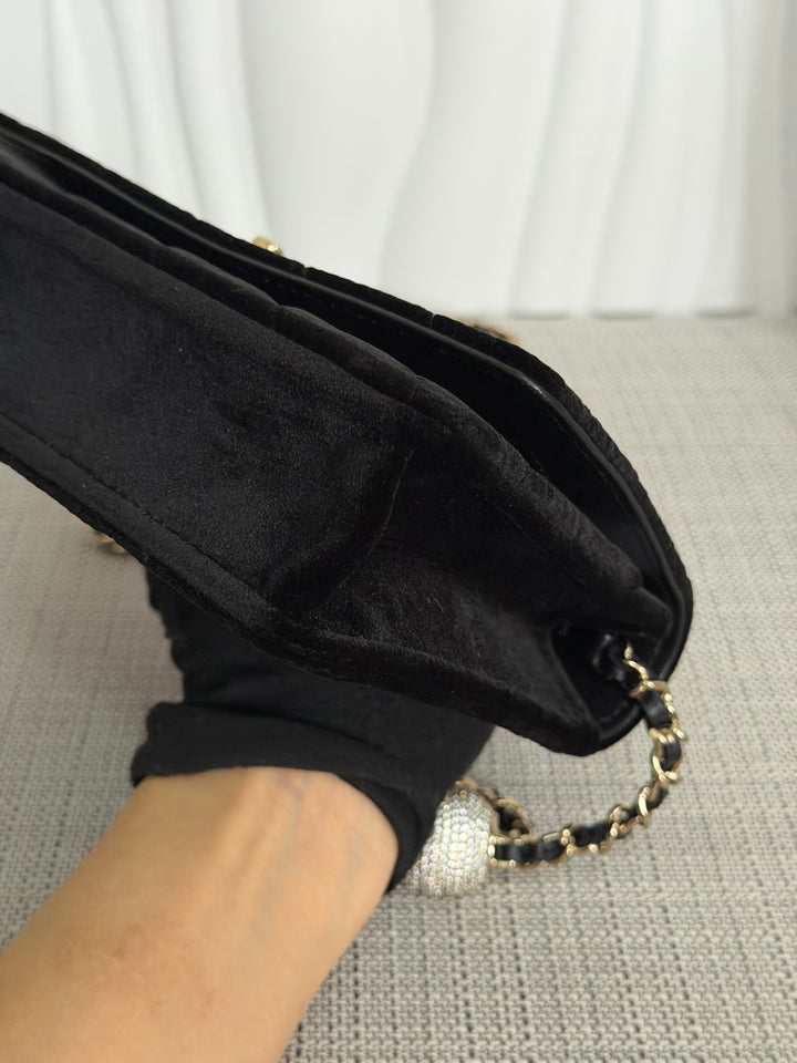 CHANEL 2025 Black Velvet Crystal Pearl Crush Adjustable Strap Wallet on Chain (WOC)