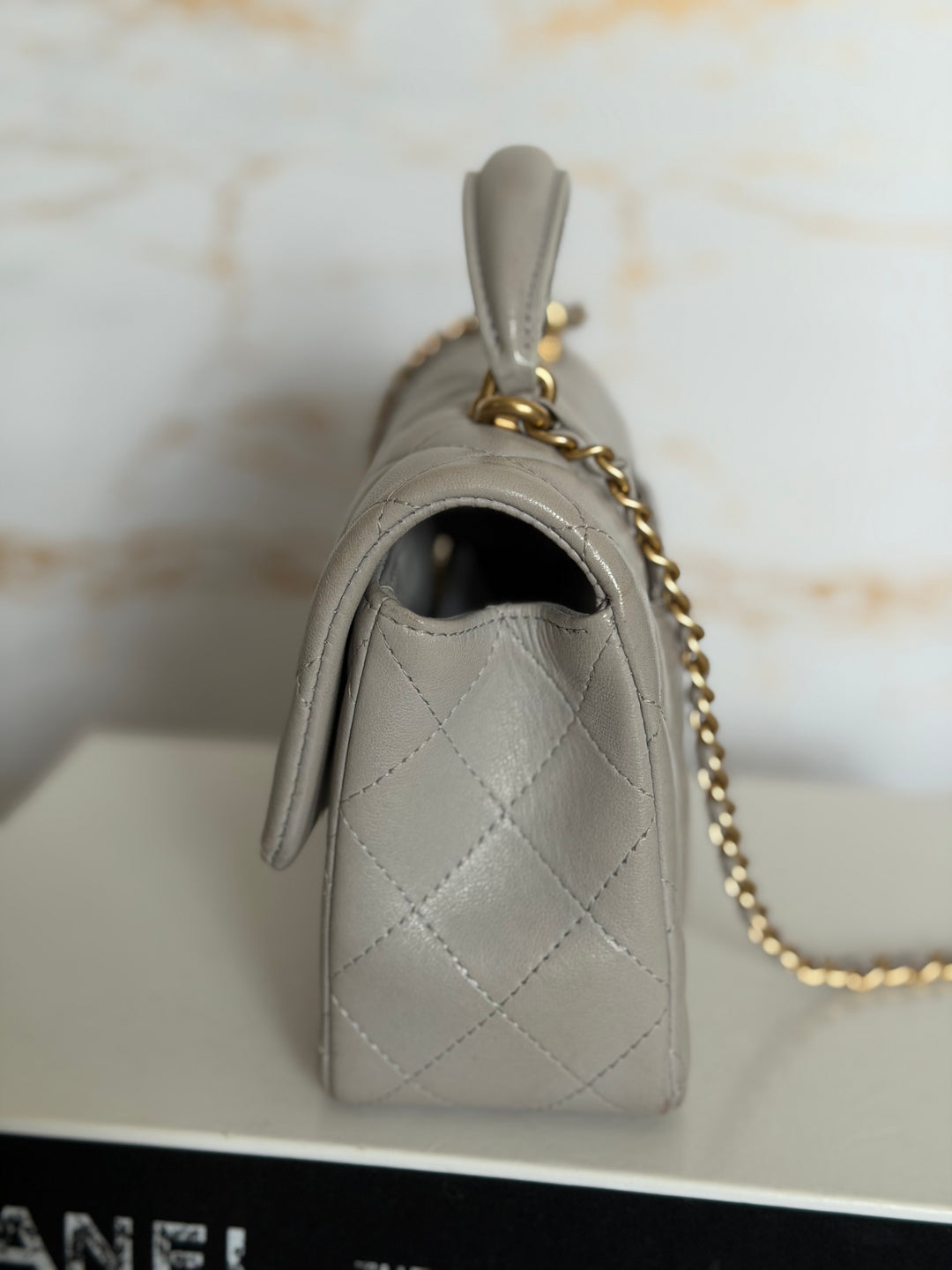 CHANEL Grey Lambskin aged GHW Mini Rectangular Flap bag Top Handle 2021 21A collection