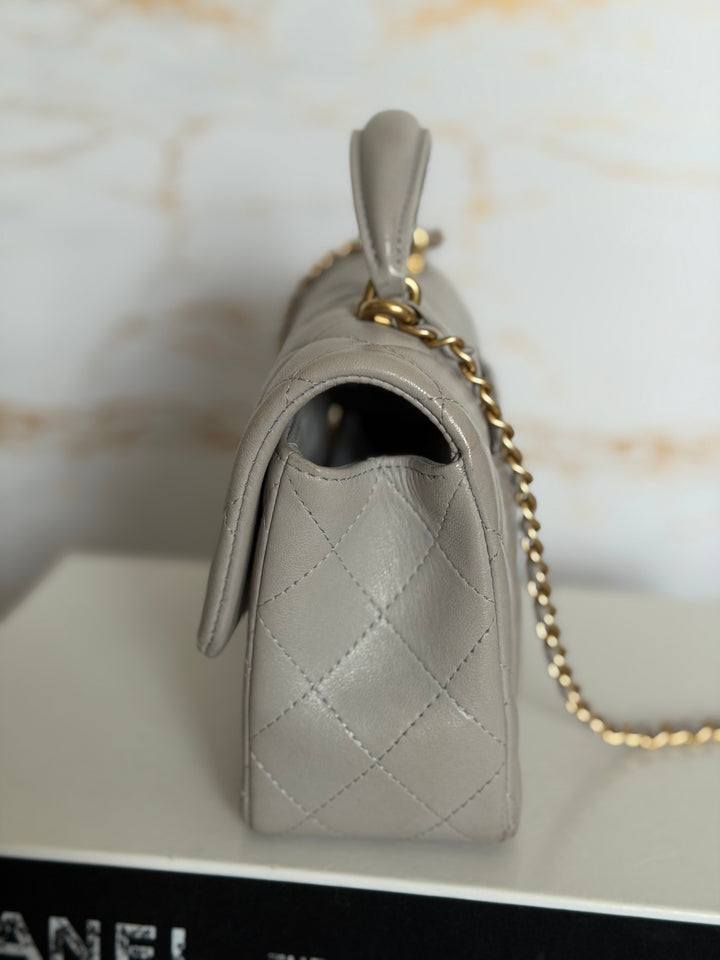 CHANEL Grey Lambskin aged GHW Mini Rectangular Flap bag Top Handle 2021 21A collection