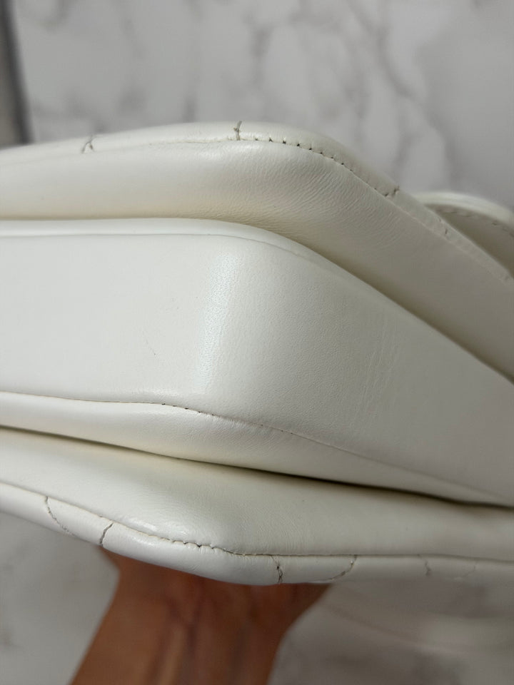 CHANEL 23S collection 2023 White Lambskin LGHW Trendy CC Flap Bag size Small with raised CHANEL Engraved Plate Top Handle