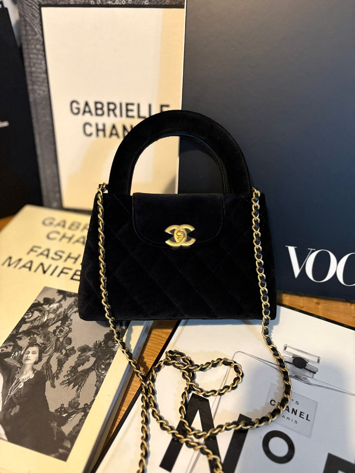 CHANEL Black Velvet Kelly Shopping Bag size SMALL aged GHW 19 cms fits iPhone pro Max 2025