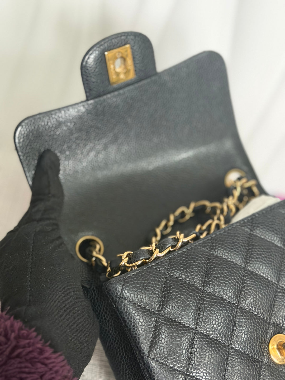 CHANEL series 13 Black Caviar GHW Vintage Square Mini Flap Bag with Edge stitching