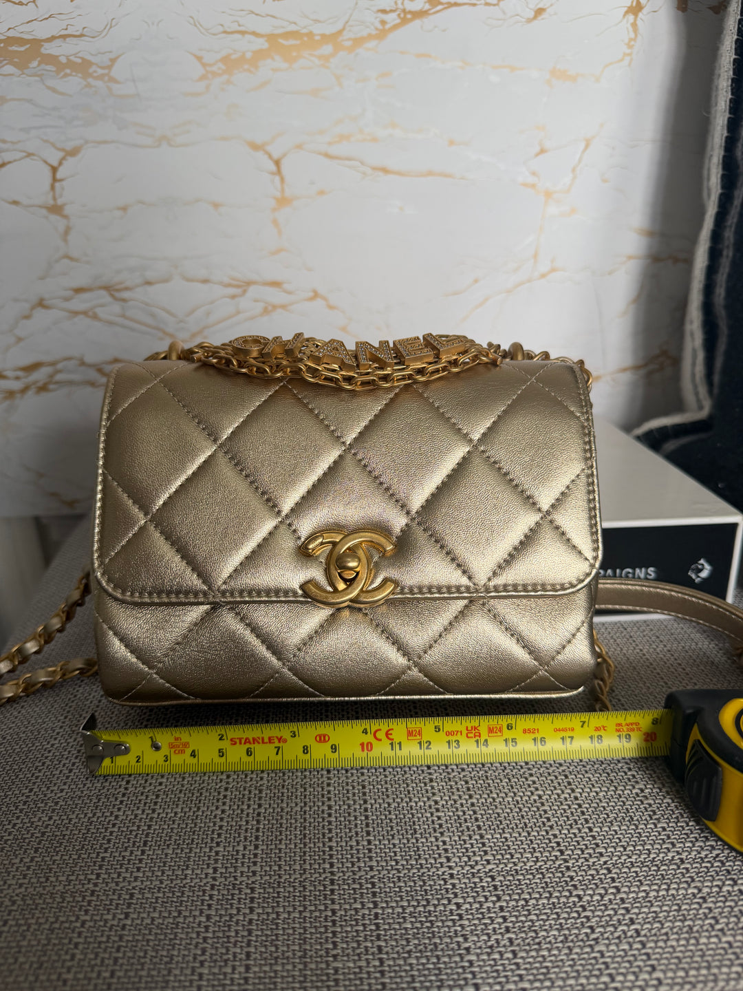 CHANEL Gold Metallic Lambskin CC Crystal Logo Chain Flap Bag 2022