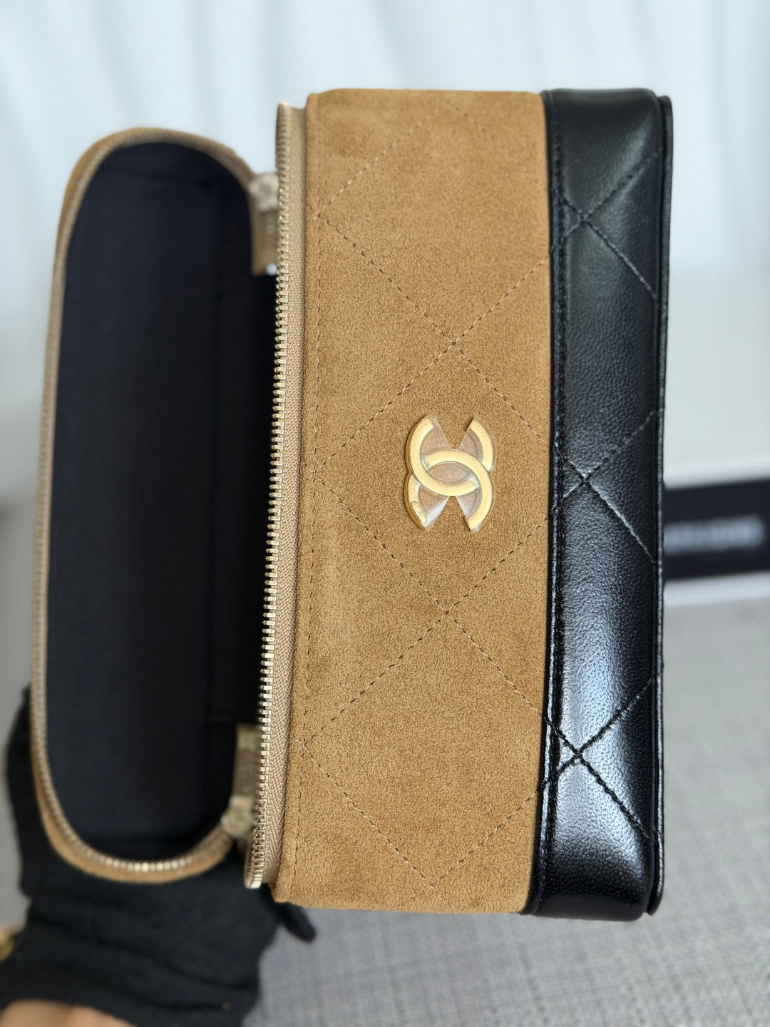 CHANEL 26S Beige Suede Black Calf skin aged GHW Long Vanity Case with Detachable Chain and top handle 2026