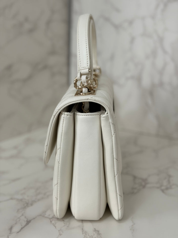 CHANEL 23S collection 2023 White Lambskin LGHW Trendy CC Flap Bag size Small with raised CHANEL Engraved Plate Top Handle