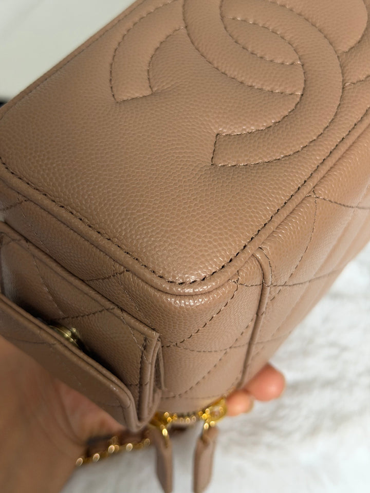 CHANEL Dark Beige Caviar Cargo Polly Pocket Vanity Case with Top Handle GHW 2023