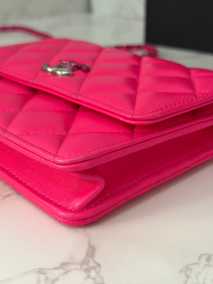 CHANEL 24C 2023/2024 Bright Hot Pink Ombré Hardware Square Wallet on Chain (WOC)