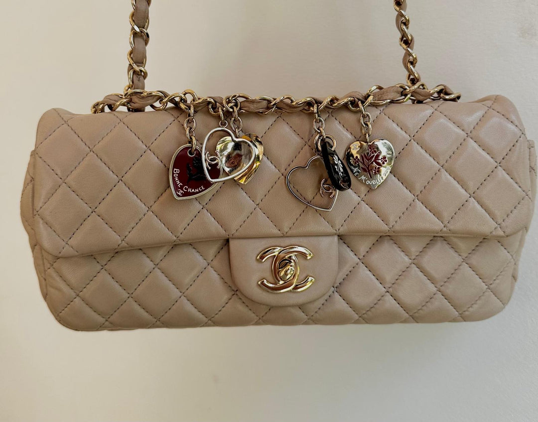 CHANEL Beige Lambskin Valentine East West Flap Bag series 13 with Charms