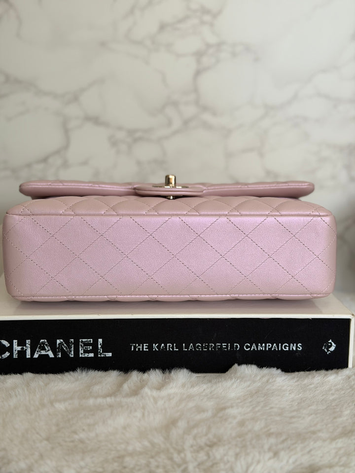 CHANEL 21S iridescent Pink Calf Skin LGHW Medium ML Timeless Classic Double Flap Bag series 31 2021