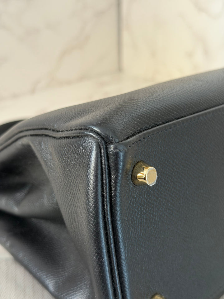 Hermes Noir/Black Epsom Leather GHW Kelly 28 stamp N 2010