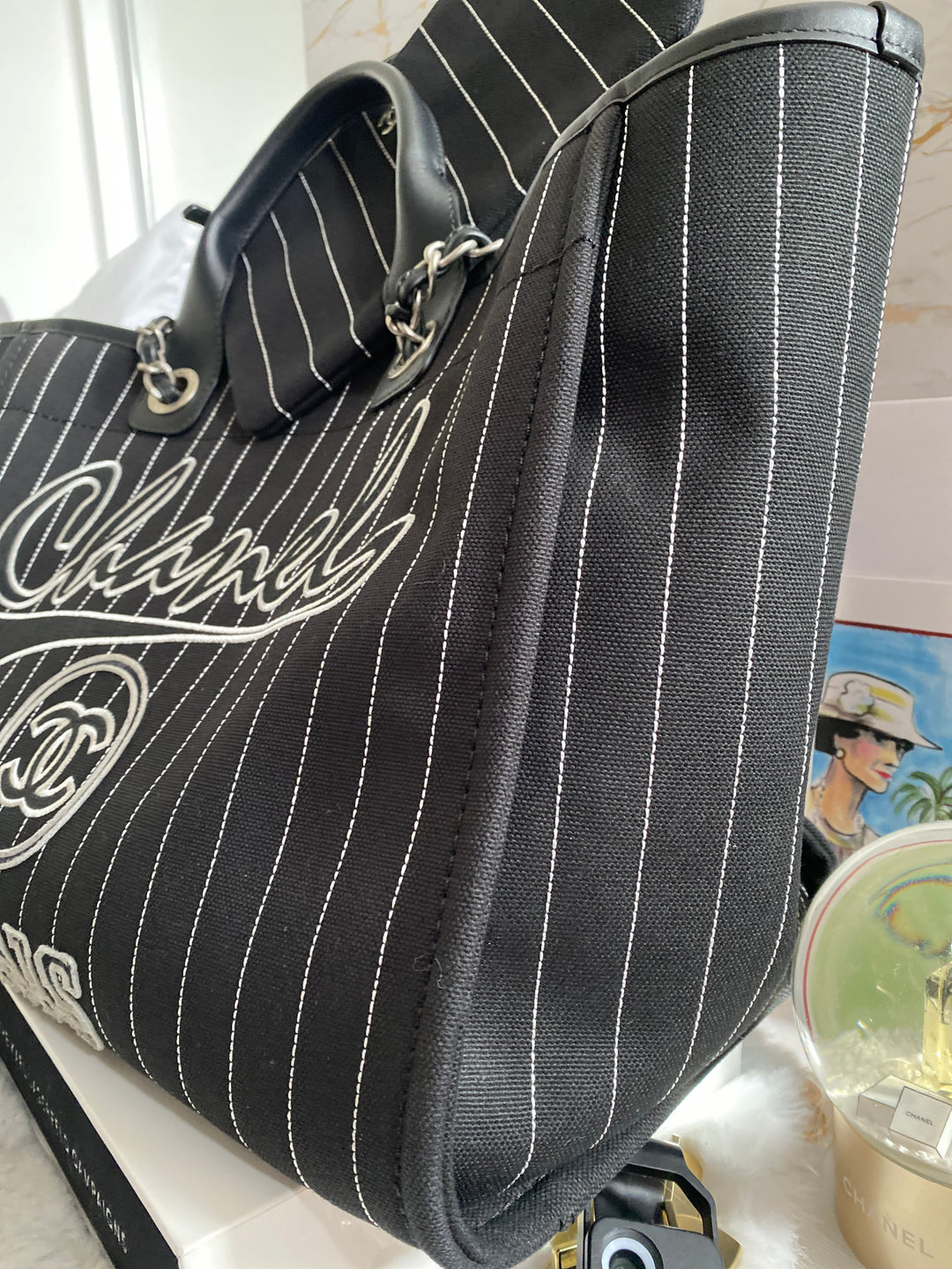 Chanel 23P 2023 collection in Black/White Stripe Canvas Deauville Tote with Top Handle and detachable pouch size Medium (15 inches)