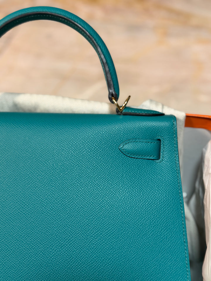 Hermes Kelly 28 Sellier Epsom Leather SO Bleu Paon GHW Stamp D 2019
