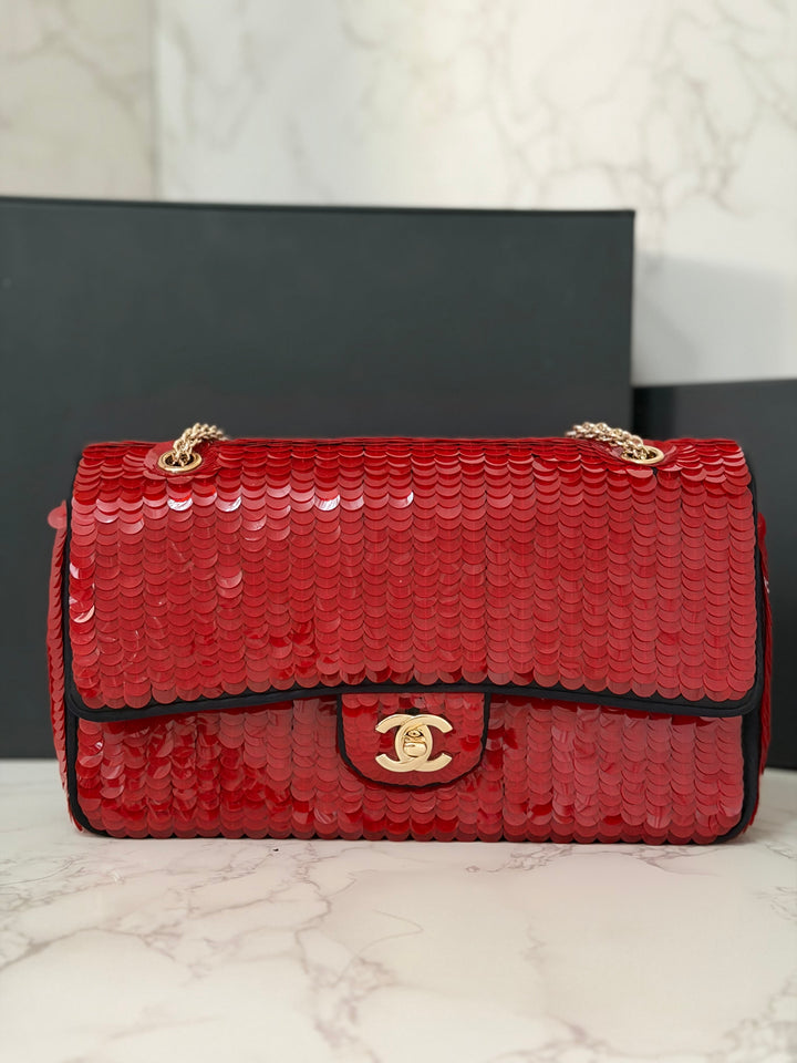 CHANEL series 13 2010 Red Sequin and Black Satin Paris-Shanghai Medium Flap Bag Gold Hardware