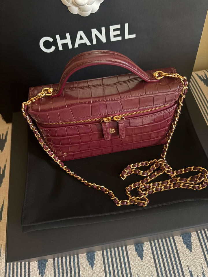 CHANEL 26B Burgundy Calf Skin Croc Embossed LGHW LP Long Vanity with detachable chain size SMALL 19 cms 2026