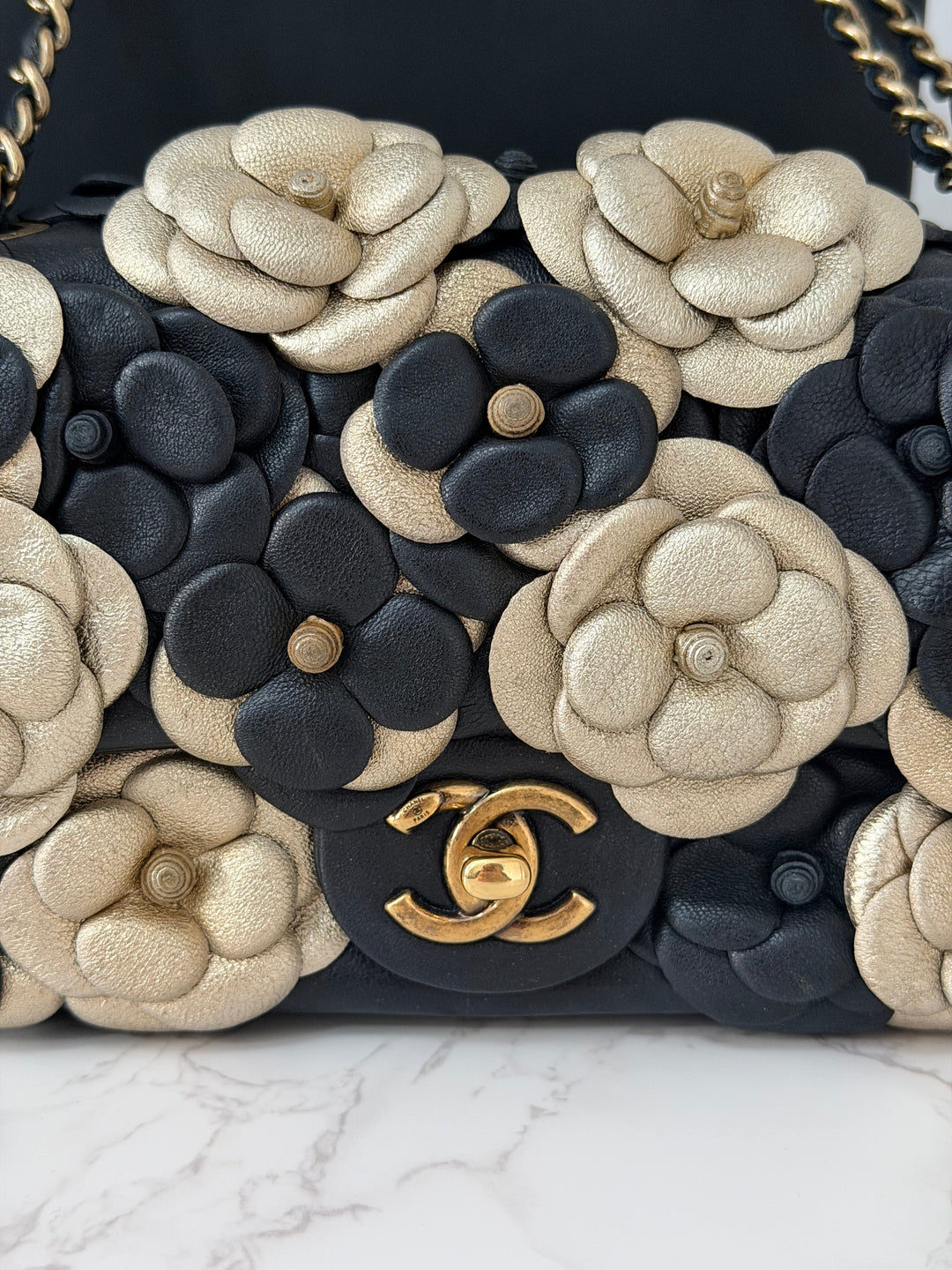 CHANEL series 21 Black Metallic Gold Camellia Flower Lambskin Mini Rectangular Flap Bag with Vintage GHW