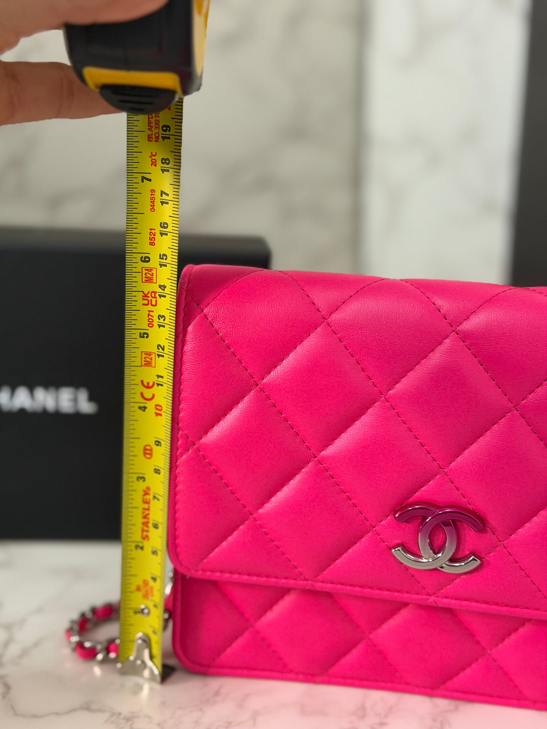 CHANEL 24C 2023/2024 Bright Hot Pink Ombré Hardware Square Wallet on Chain (WOC)