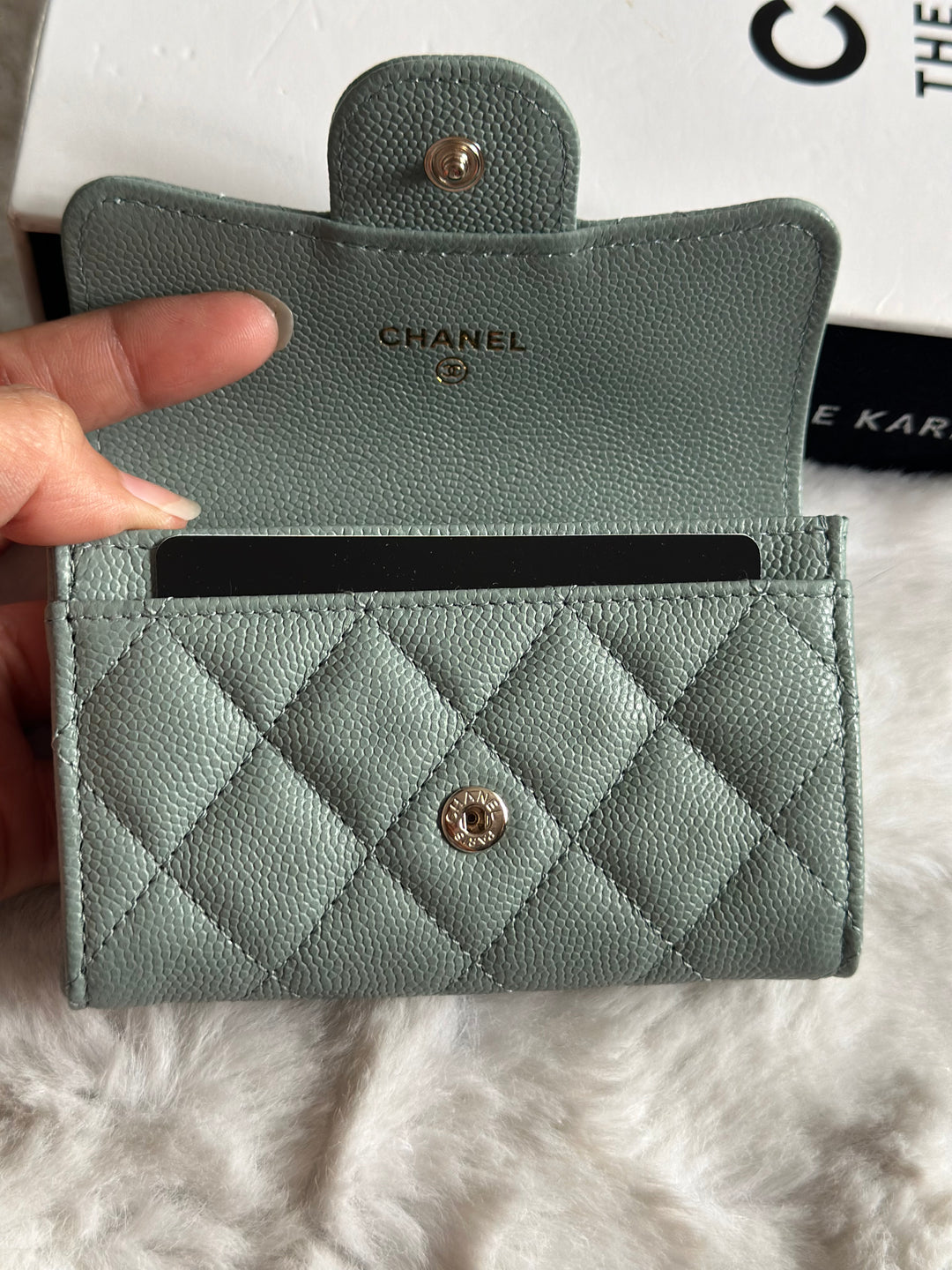 Chanel Sage caviar LGHW Classic Flap Snap Card Holder
