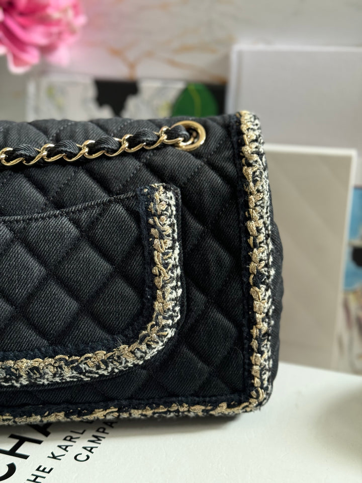 Chanel series 26 Black Denim LGHW Braided in Gold/White/Black Medium Flap Bag