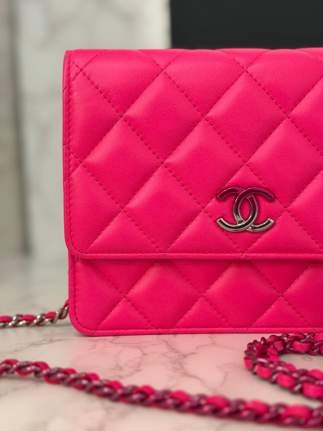 CHANEL 24C 2023/2024 Bright Hot Pink Ombré Hardware Square Wallet on Chain (WOC)