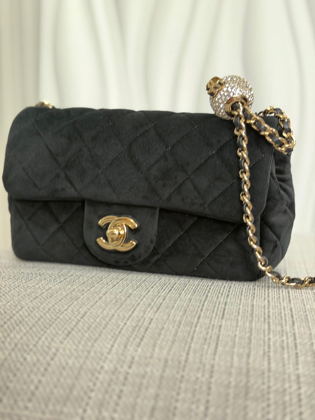 CHANEL series 30 2020 20K collection Black Velvet Crystal Pearl Crush Adjustable Strap LGHW Mini Rectangular Flap Bag