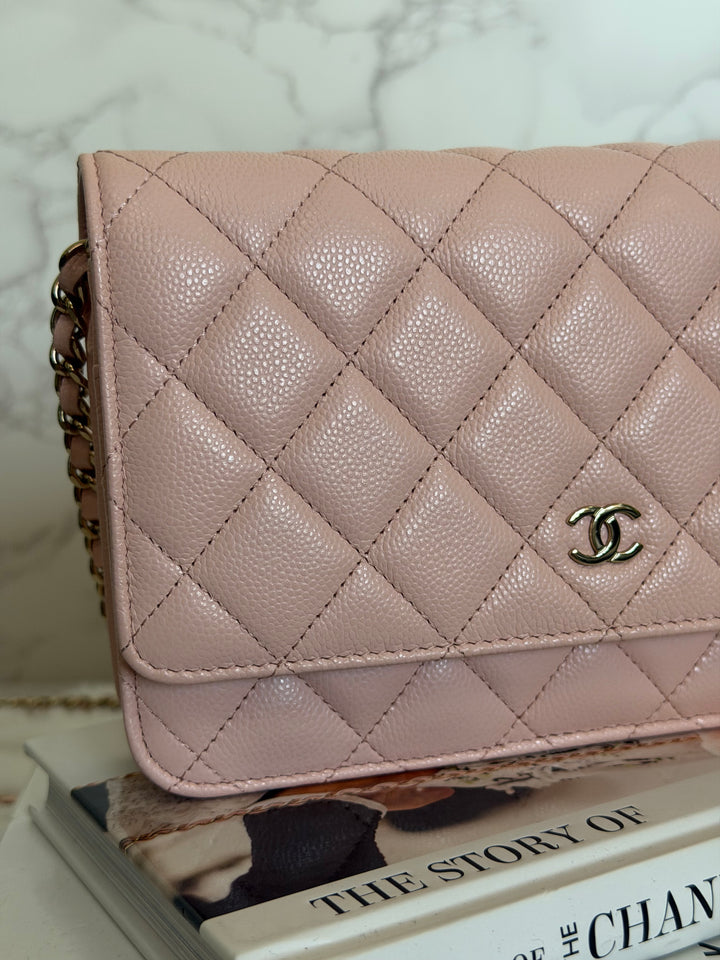 CHANEL Light pink/Nude pink caviar LGHW Classic Wallet on chain (WOC) 2024