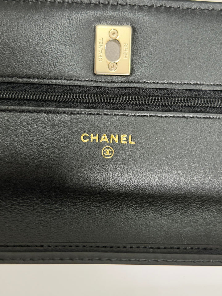 CHANEL 2025 Black Velvet Crystal Pearl Crush Adjustable Strap Wallet on Chain (WOC)