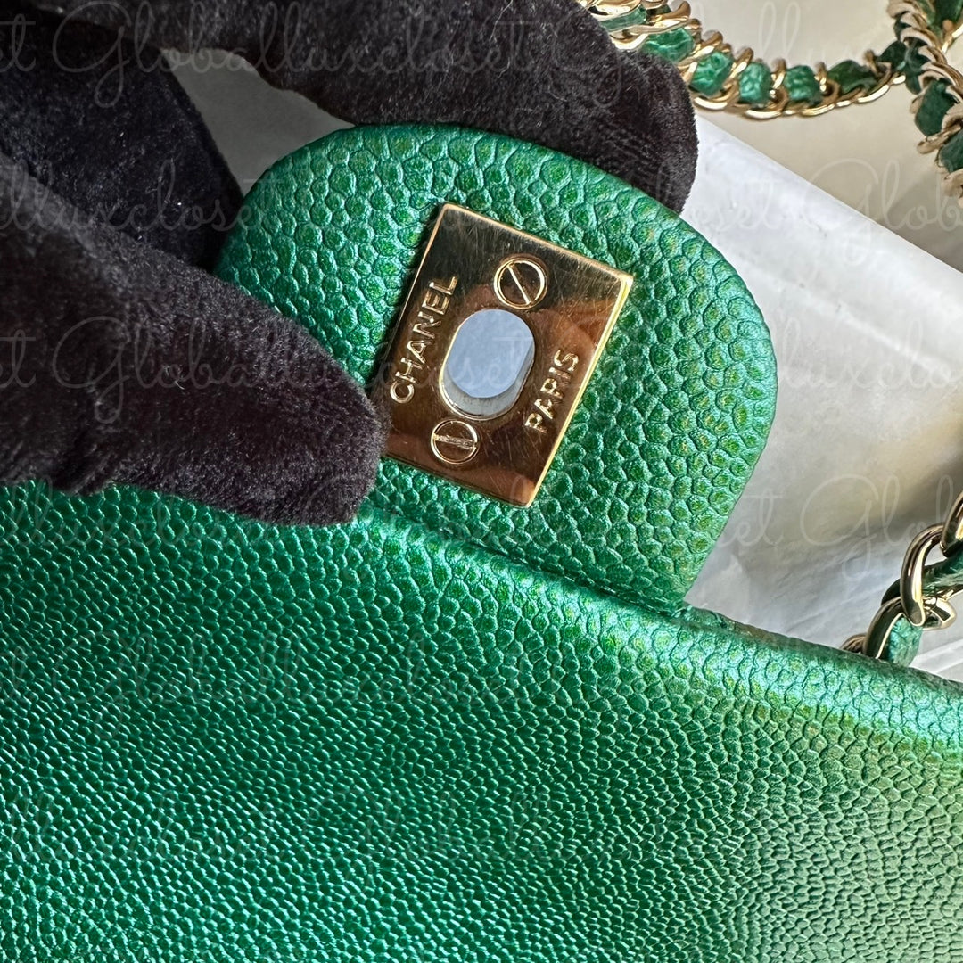 CHANEL 18S Series 25 Emerald Green Caviar LGHW Mini rectangular flap bag 2018 RARE UNICORN FIND