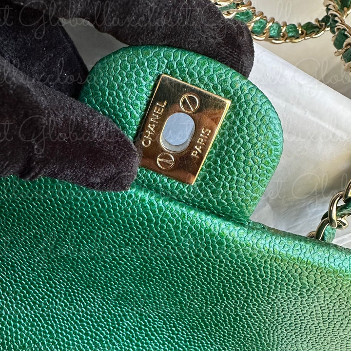 CHANEL 18S Series 25 Emerald Green Caviar LGHW Mini rectangular flap bag 2018 RARE UNICORN FIND