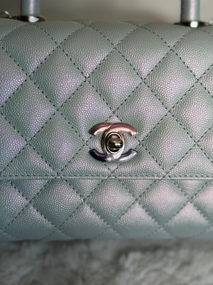 CHANEL 21K iridescent Light Blue Caviar Rainbow and shiny SHW Coco Handle Flap Bag size Small 2021