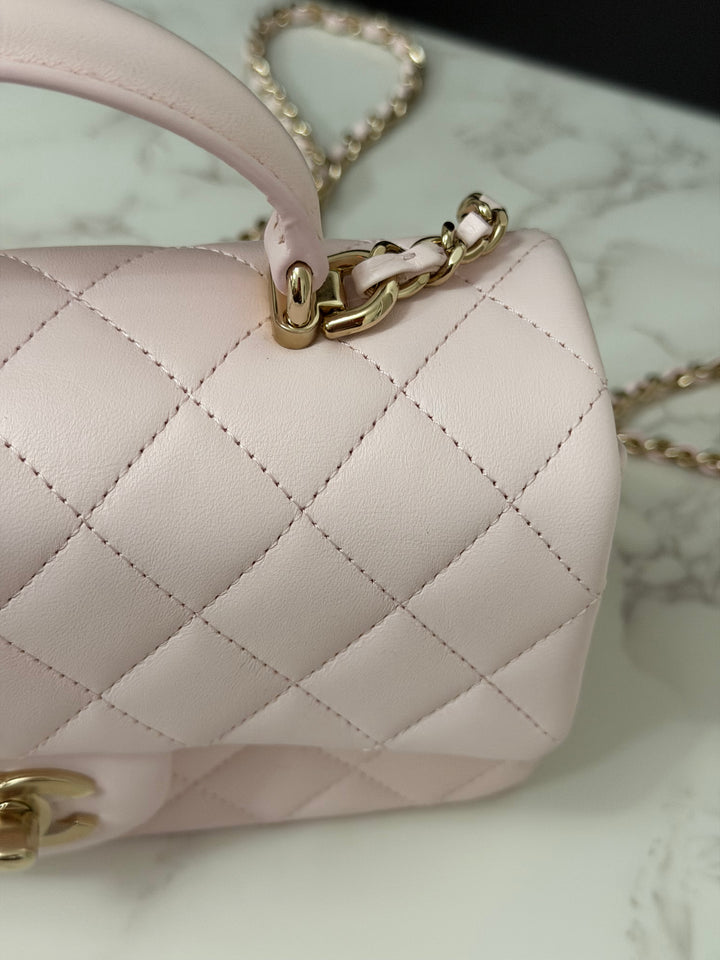CHANEL 22P 2022 Sakura Light Pink Lambskin LGHW Mini Rectangular Flap Bag with Top Handle